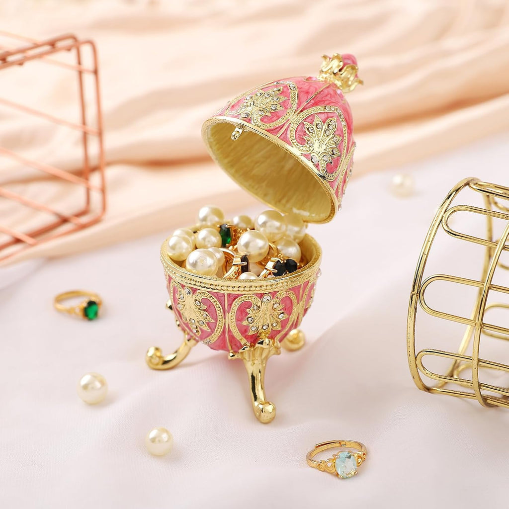 QIFU Hand Painted Pink Easter Egg Style Enamel Trinket Box, Unique Jewelry Box to Store Your Jewelry in Style