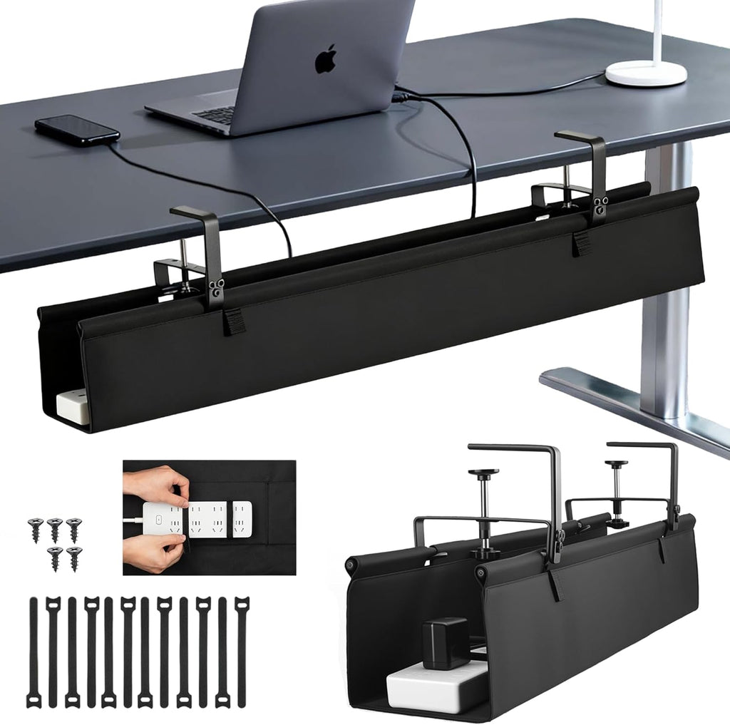 Oxford Cloth Under Desk Cable Management Tray,No-Drill 36" Desk Cable Management Organizer with Clip/Screw Installation,Fabric Cable Management for Home,Office & Gaming Computer(Black)