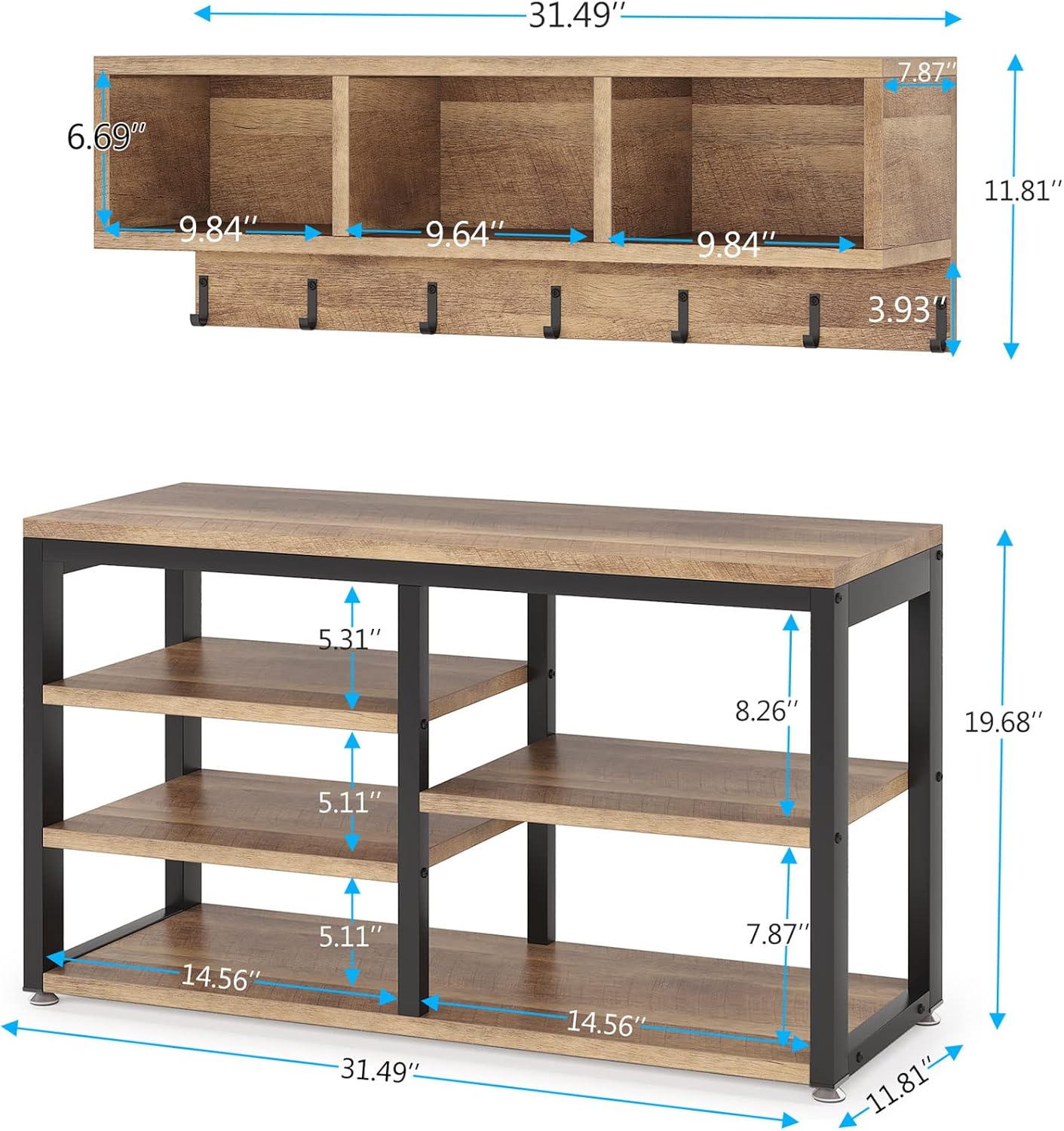 Tribesigns Coat Rack Set, Hall Tree, Industrial Shoe Bench, 3 Storage Cubbies, 7 Hooks for Entryway, Hallway, 5-in-1Design, Vintage Oak