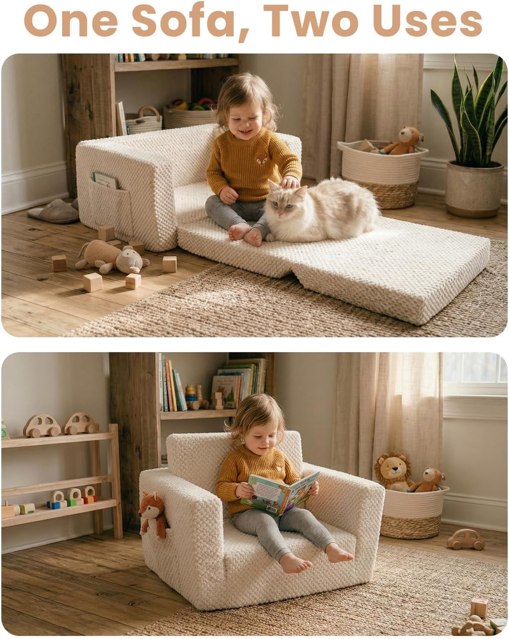 Sherpa Kids Couch, 2-in-1 Fold-Out Comfy Chair for 3+ Years Old, Beige | Potrable Handle & Pocket for Reading, Napping and Playroom