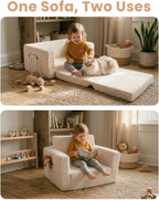 Sherpa Kids Couch, 2-in-1 Fold-Out Comfy Chair for 3+ Years Old, Beige | Potrable Handle & Pocket for Reading, Napping and Playroom