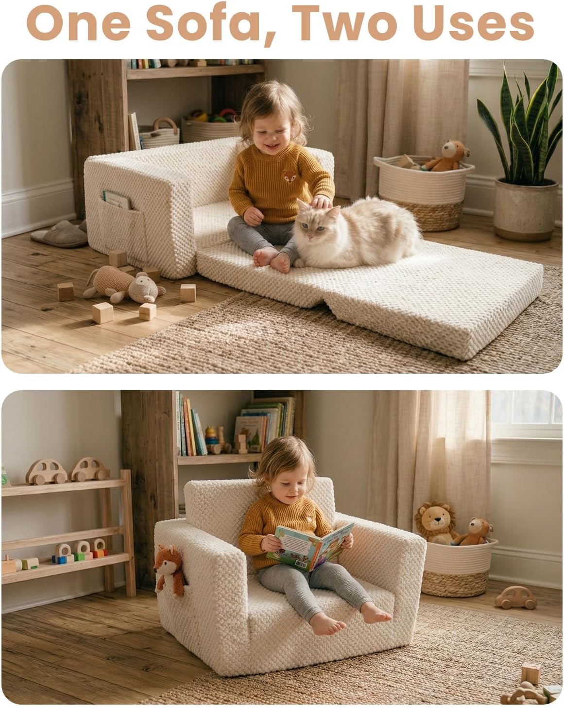 Sherpa Kids Couch, 2-in-1 Fold-Out Comfy Chair for 3+ Years Old, Beige | Potrable Handle & Pocket for Reading, Napping and Playroom