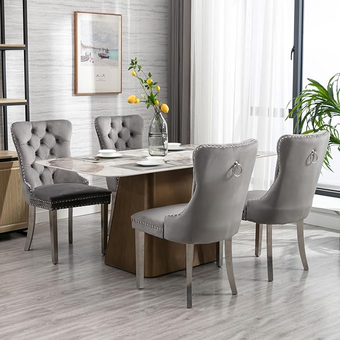Luxury Upholstered Dining Chairs Set of 4, Grey Kitchen Chair with Silver Met...