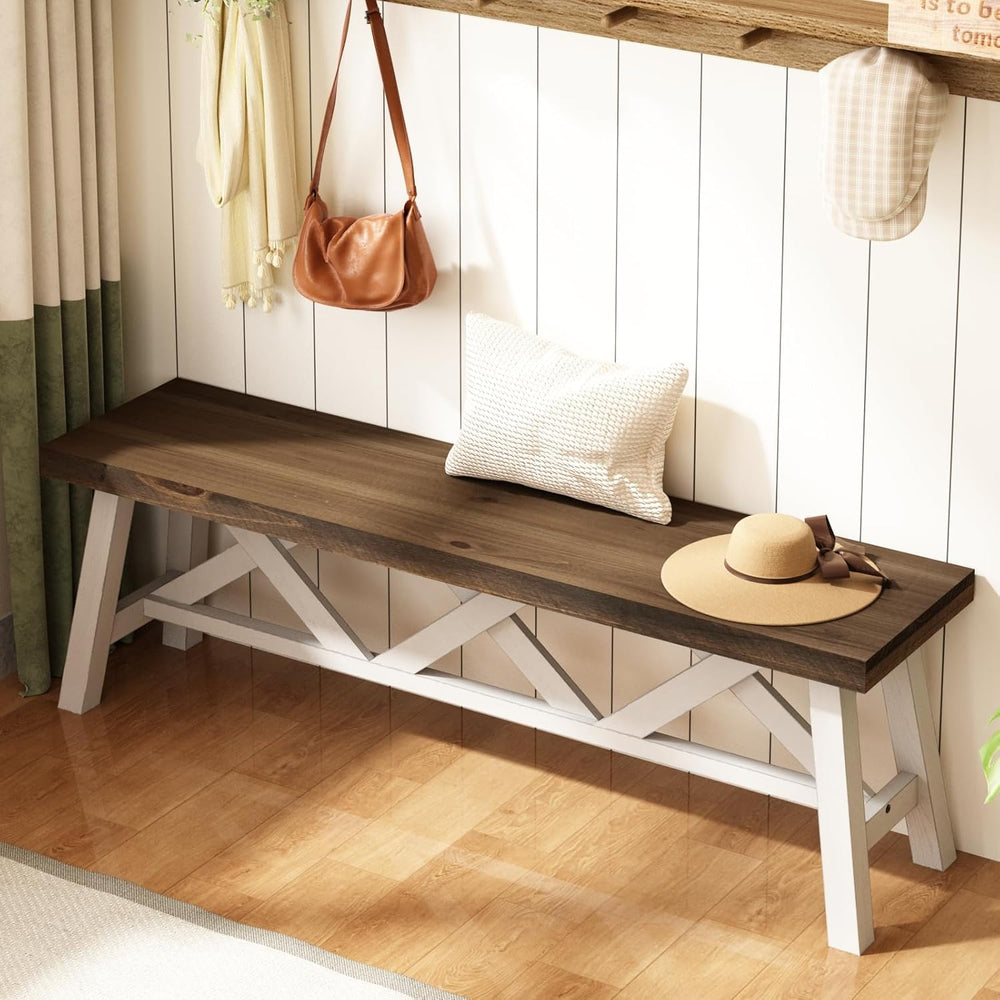 Wnutrees 54" Farmhouse Wood Bench, Rustic Solid Wood Entryway Bench Seat...