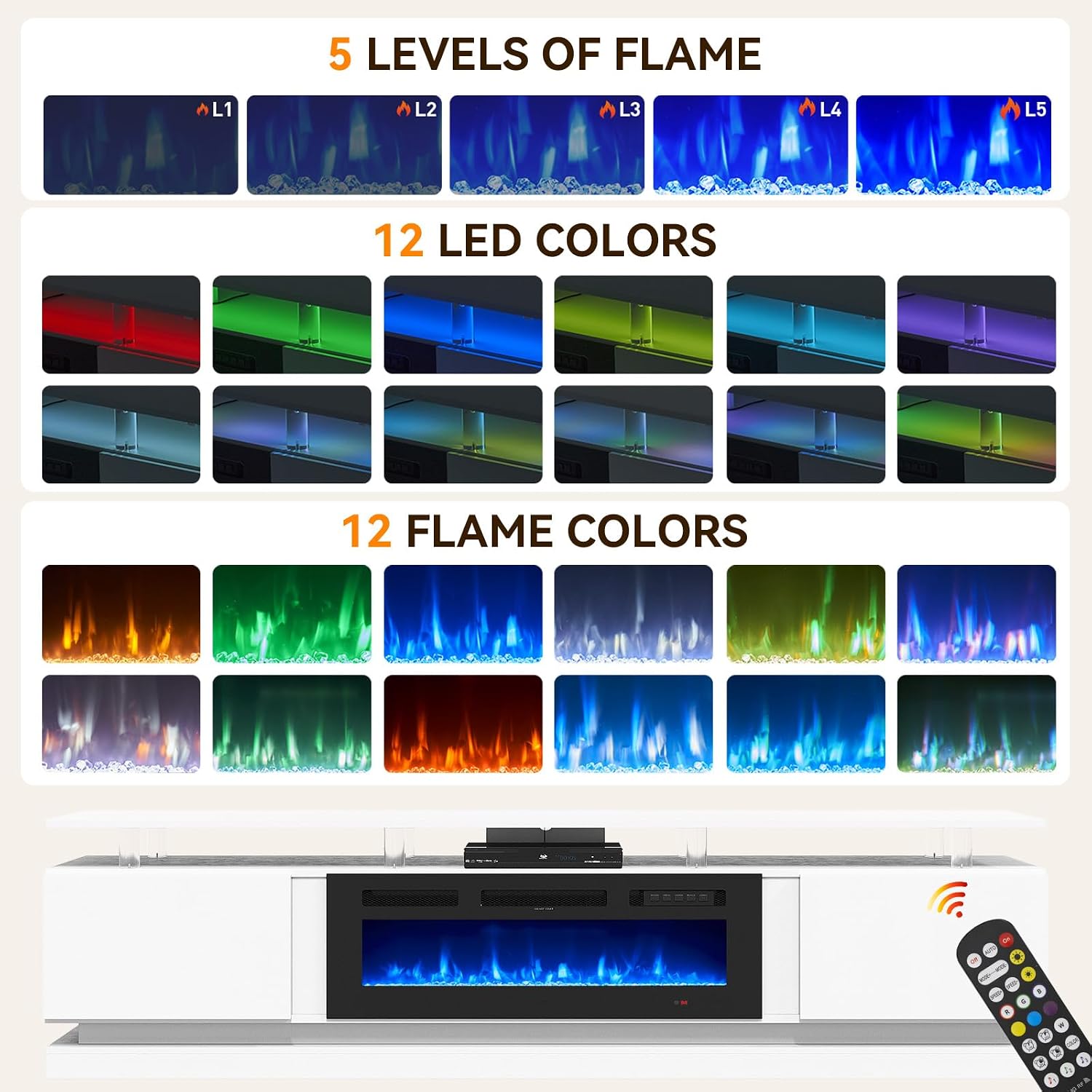 80" Modern Fireplace TV Stand for TVs up to 90", White Entertainment Center with Black Electric Fireplace,Storage Cabinets&Adjustable LED Light, Media Console for Living Room