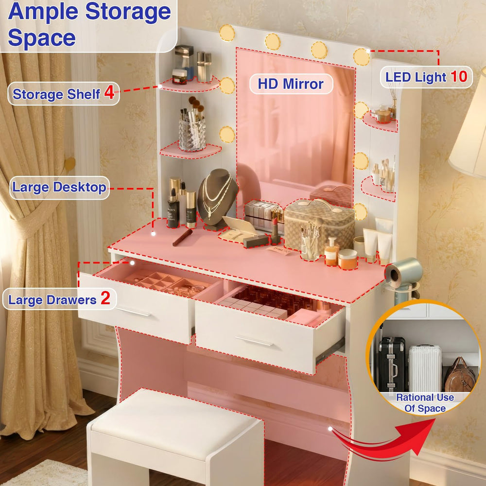 ‌FDW Vanity Desk with Mirror and Lights, 2-Drawer Makeup Vanity Desk with 3 A...