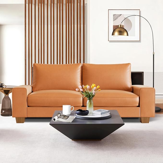 Faux Leather Couch, Mid Century Modern Comfy Loveseat Sofa with Wide Arm, Side Pockets, Solid Wooden Frame for Office, Living Room and Bedroom, 3 Seater (Brown, 88.58 inches)