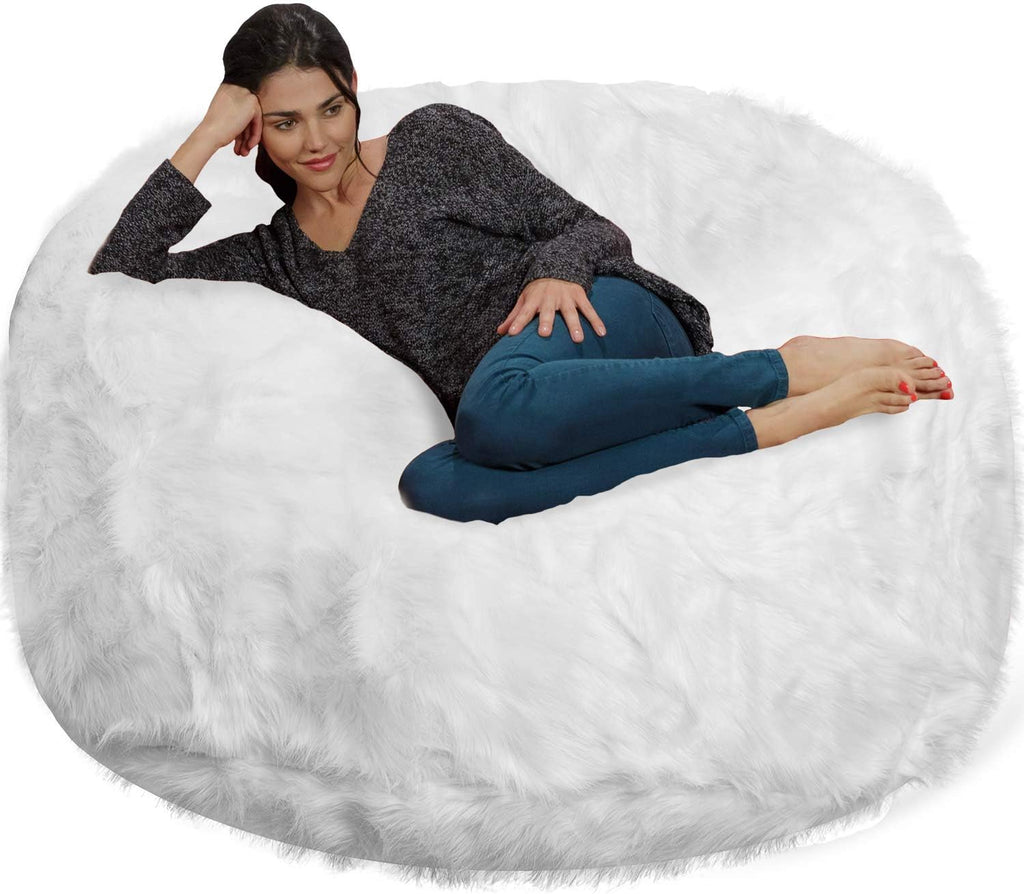 Chill Sack Bean Bag Chair - 5' Giant Memory Foam Lounge Chair with Soft Microfiber Cover – Cozy Furniture for Living Room, Dorm, & Kids' Rooms – Comfortable 5 Ft, Faux Long Fur Lounge Sofa, White