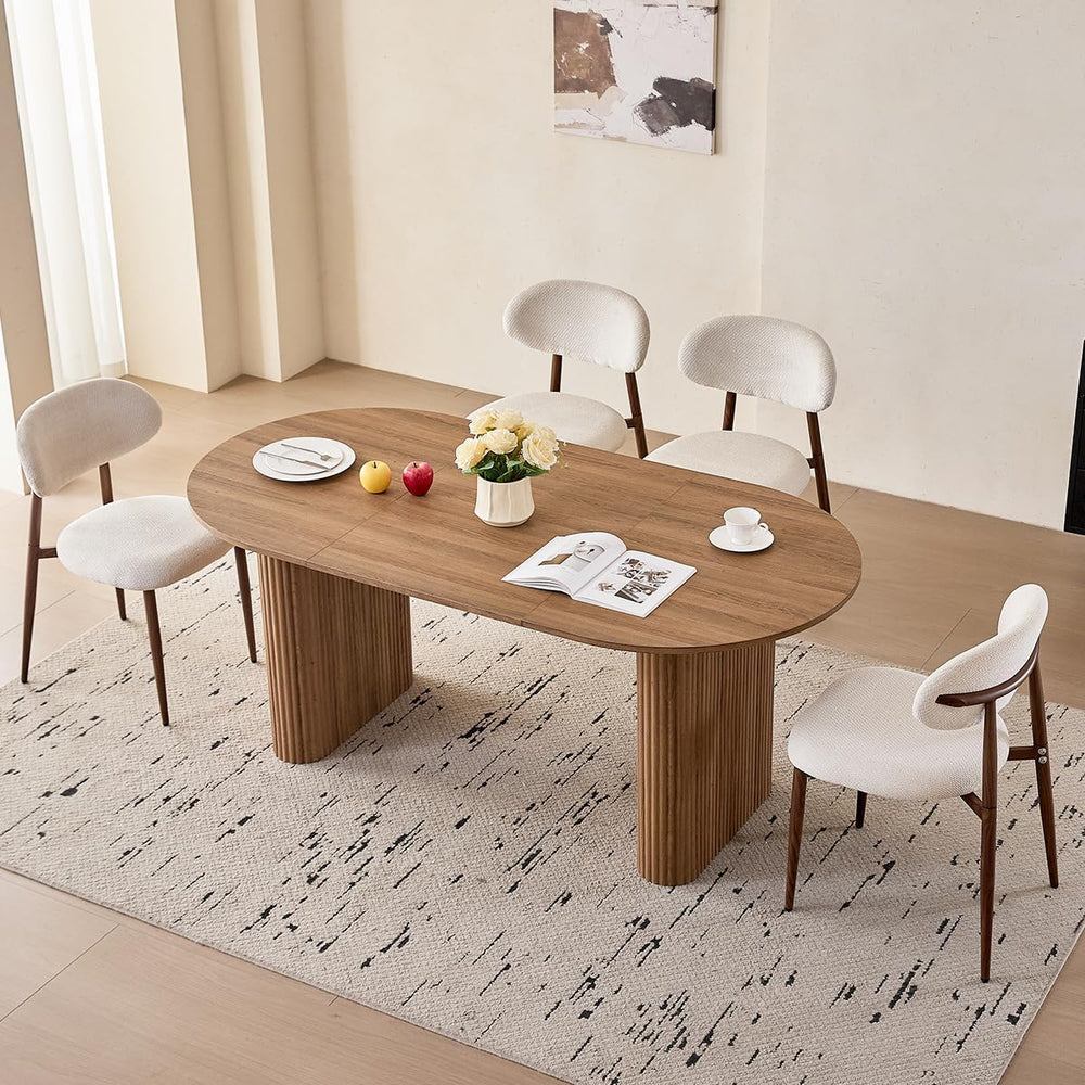 Brown Dining Table Set for 4 with Beige Chairs with Metal Legs | [Rounded Edg...
