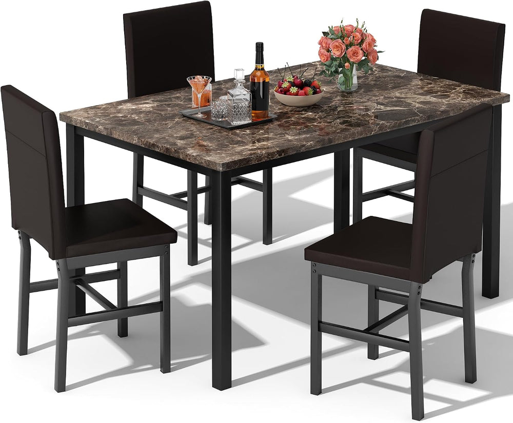 Hooseng 5 Piece Dining Table Set for 4, Faux Marble Kitchen Table with Uphols...