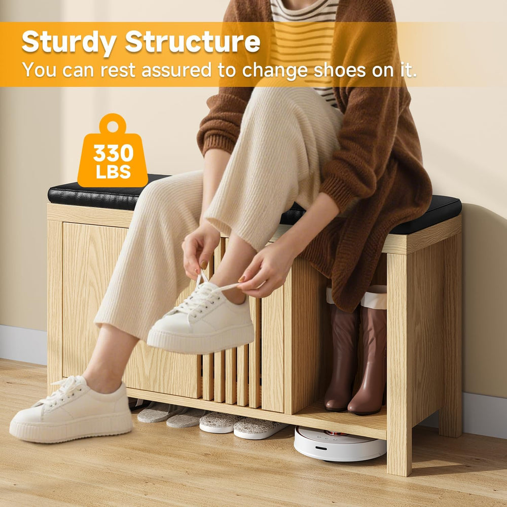 UNIQUITE 40" Shoe Storage Bench with Flip Drawers & Padded Seat Cush...