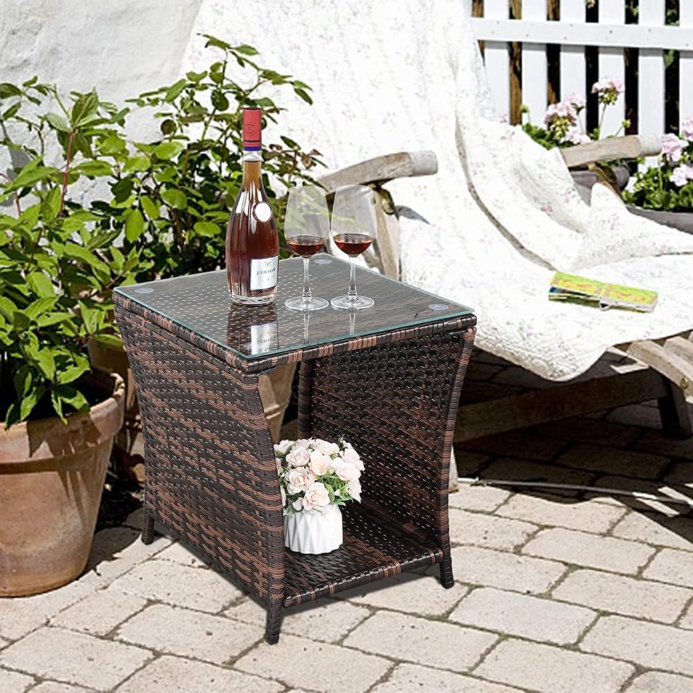 Bonnlo Small Garden Table, Rattan Patio Table with Glass Top & Shelf Under, Weatherproof for Indoor Outdoor, 46x46x50cm Brown