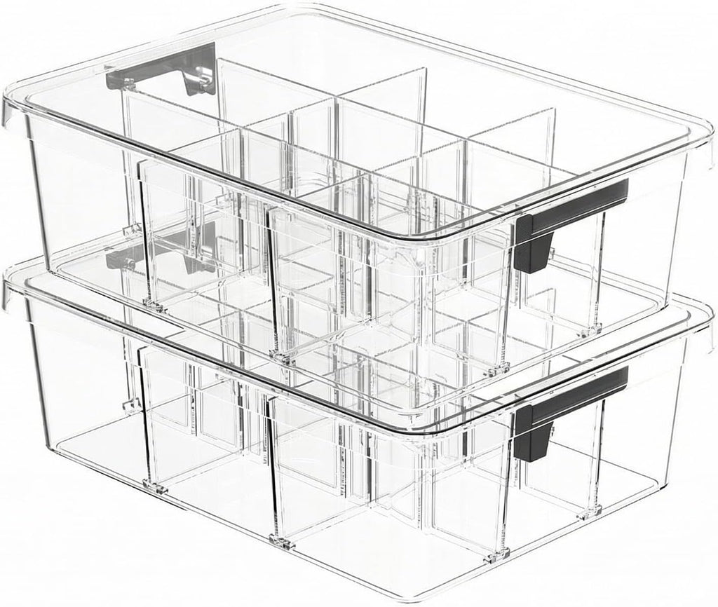 Socks Bra Underwear Drawer Organizer for Closet, 2 PCS Plastic Storage Box with 9 Removable Compartments and Lid, Clear Dresser Drawer Organizer Storage Container with Dividers for Sock Ties Belts