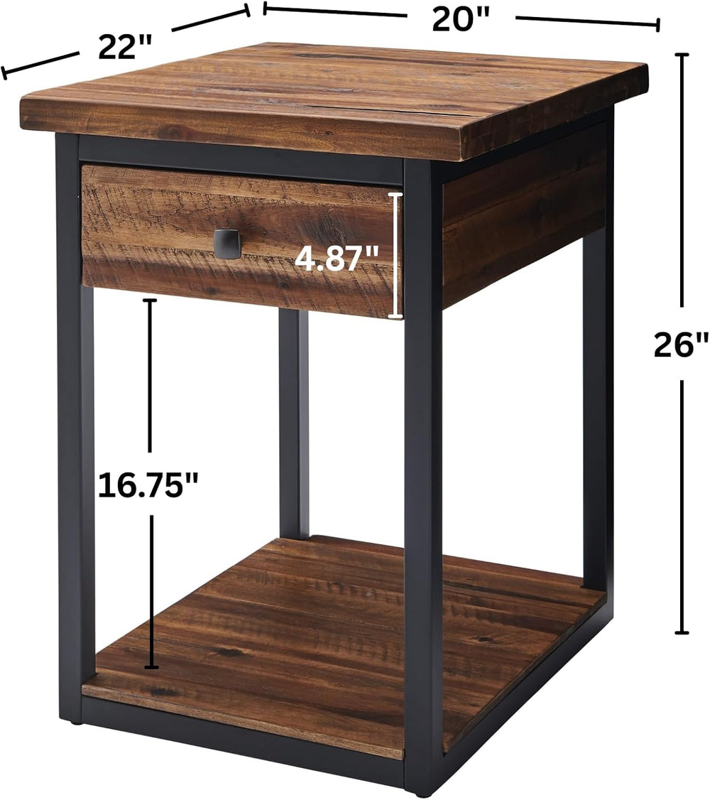 Claremont Rustic Solid Wood End Table with Drawer and Shelf – Farmhouse Accen...
