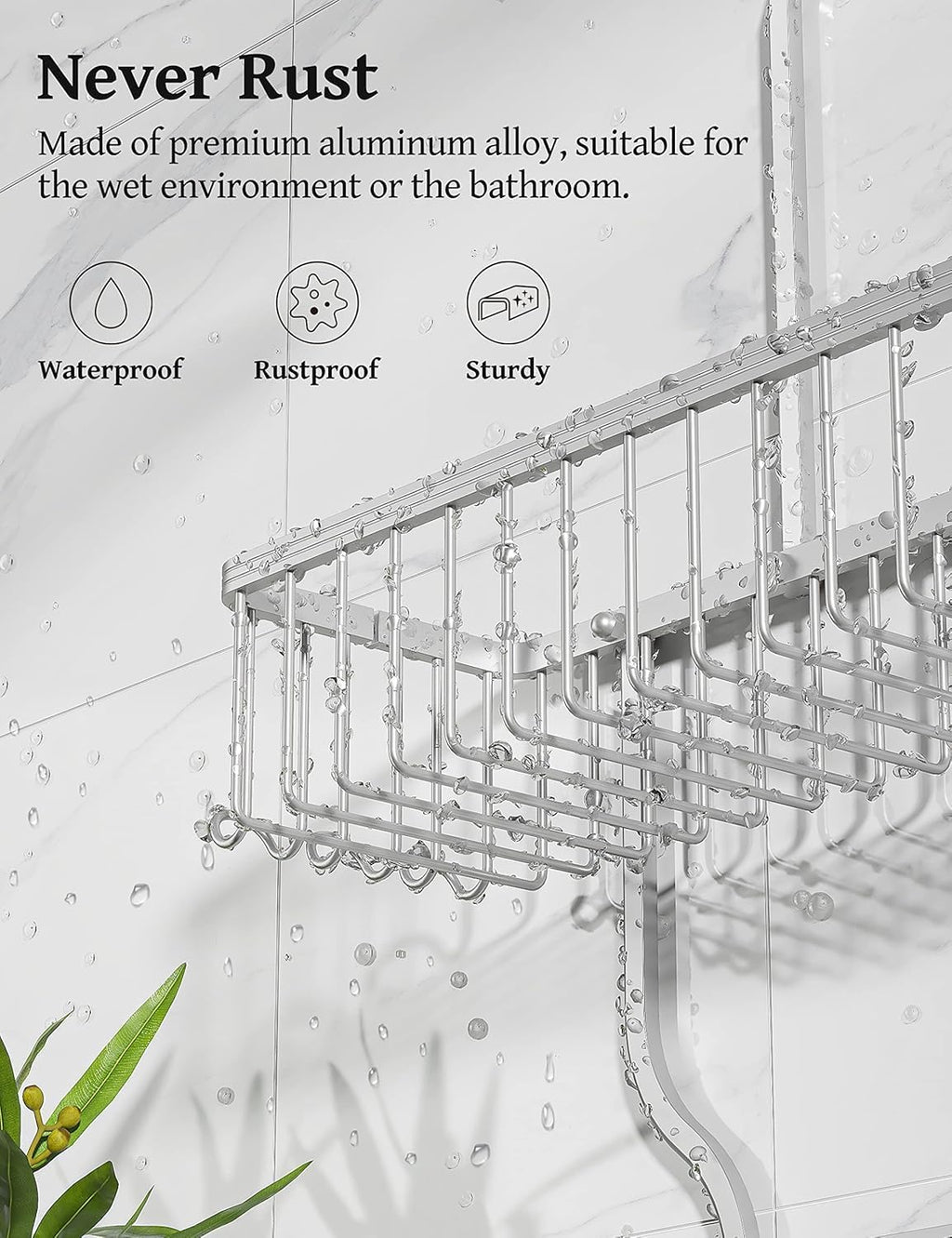 YASONIC Shower Caddy Hanging - Never Rust Shower Organizer - Aluminum Over The Head Caddy with 10 Hooks for Razor/Sponge - Rack with Soap Basket - Silver