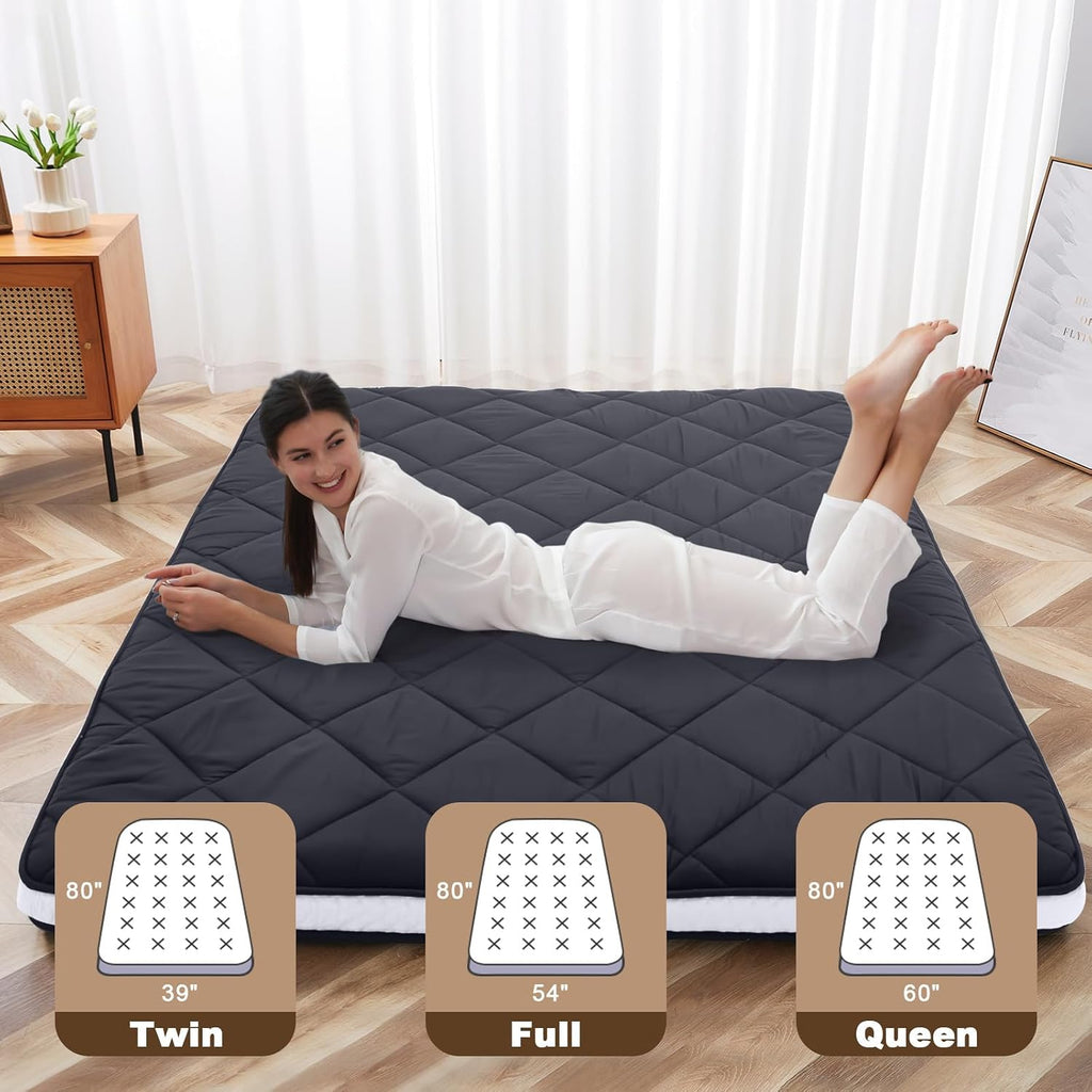 Twin Size Futon Mattress -4in Extra Thick Foldable Japanese Floor Mattress - Super Soft Fuzzy Sleeping Pad for Adults - Tatami Mat Suitable for Camping & Guest & RV Mattress- Diamond Black