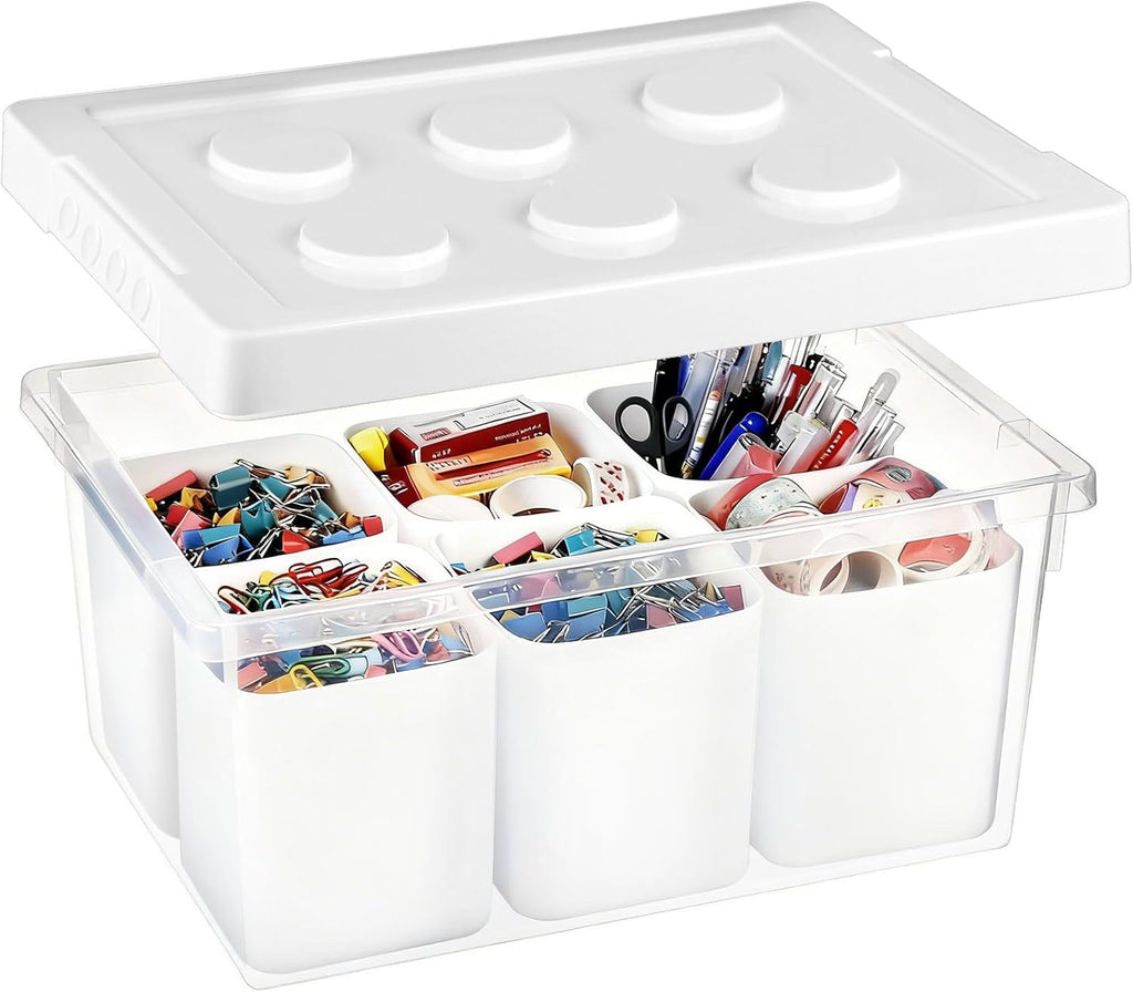 loobuu Plastic Storage Bins with Lids, Art Craft Supply Organizer Box with Brush Pot, Multipurpose Stackable Storage Containers for Organizing Tool, Craft, Crayon,Sewing(White)