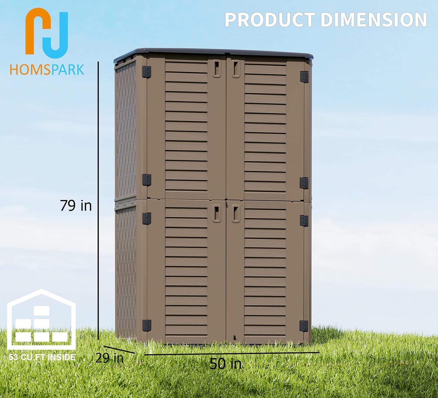 HOMSPARK Storage Shed Weather Resistance, Multi-Purpose Outdoor Storage Cabinet for Backyards and Patios, Horizontal Storage Shed for Lawnmower, Patio Accessories (Coffee, Tall - 53 cu.ft)