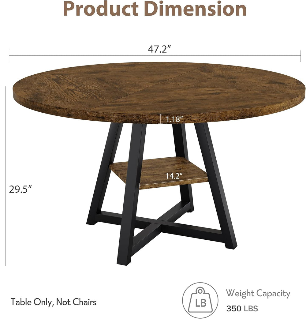 GarveeHome 47" Round Dining Table for 4-6 with Storage Shelf, Industrial...