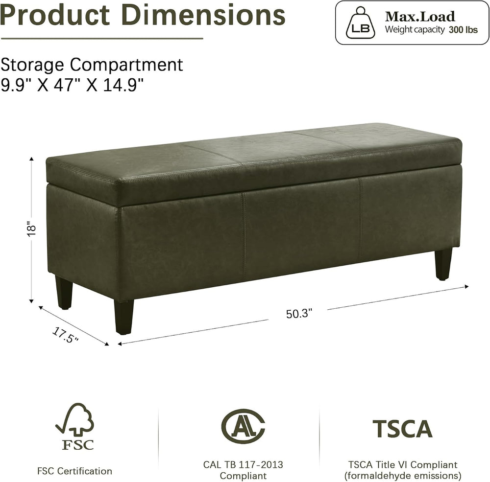 HUIMO Faux Leather Storage Ottoman Bench 50.3 Inch Extra Long PU Upholstered ...