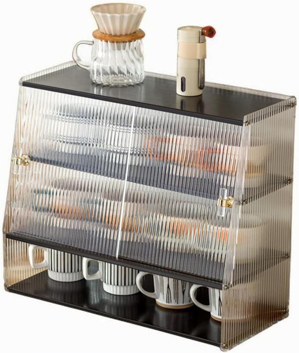 4-Tier Clear Acrylic Organizer, Pantry Cabinet with Sliding Doors, Trapezoida...