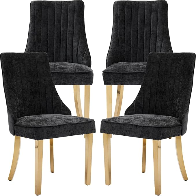 Black Mid Century Dining Chairs Set of 4, Modern Kitchen & Dining Room Chairs Set of 4, Chenille Fabric Upholstered Kitchen Chairs, Sillas de Comedor, Gold Legs (Black, 4 Pcs)