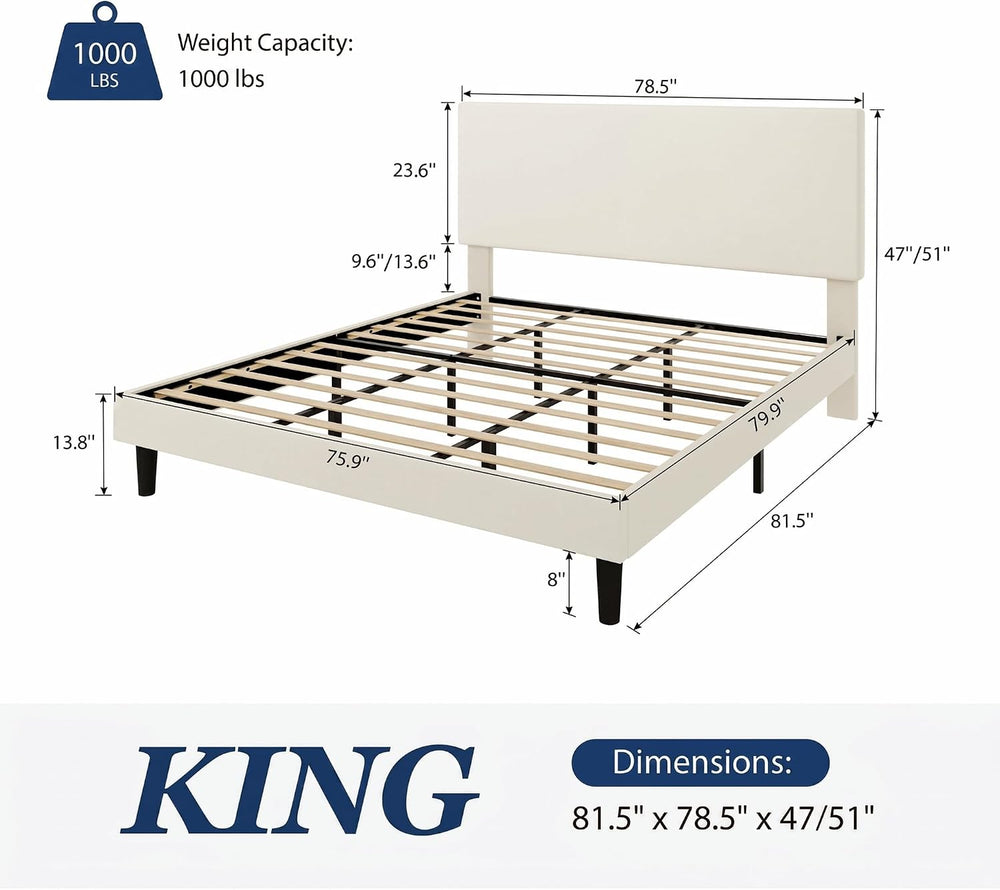 Allewie King Velvet Fabric Bed Frame, Adjustable Headboard, Cream White
