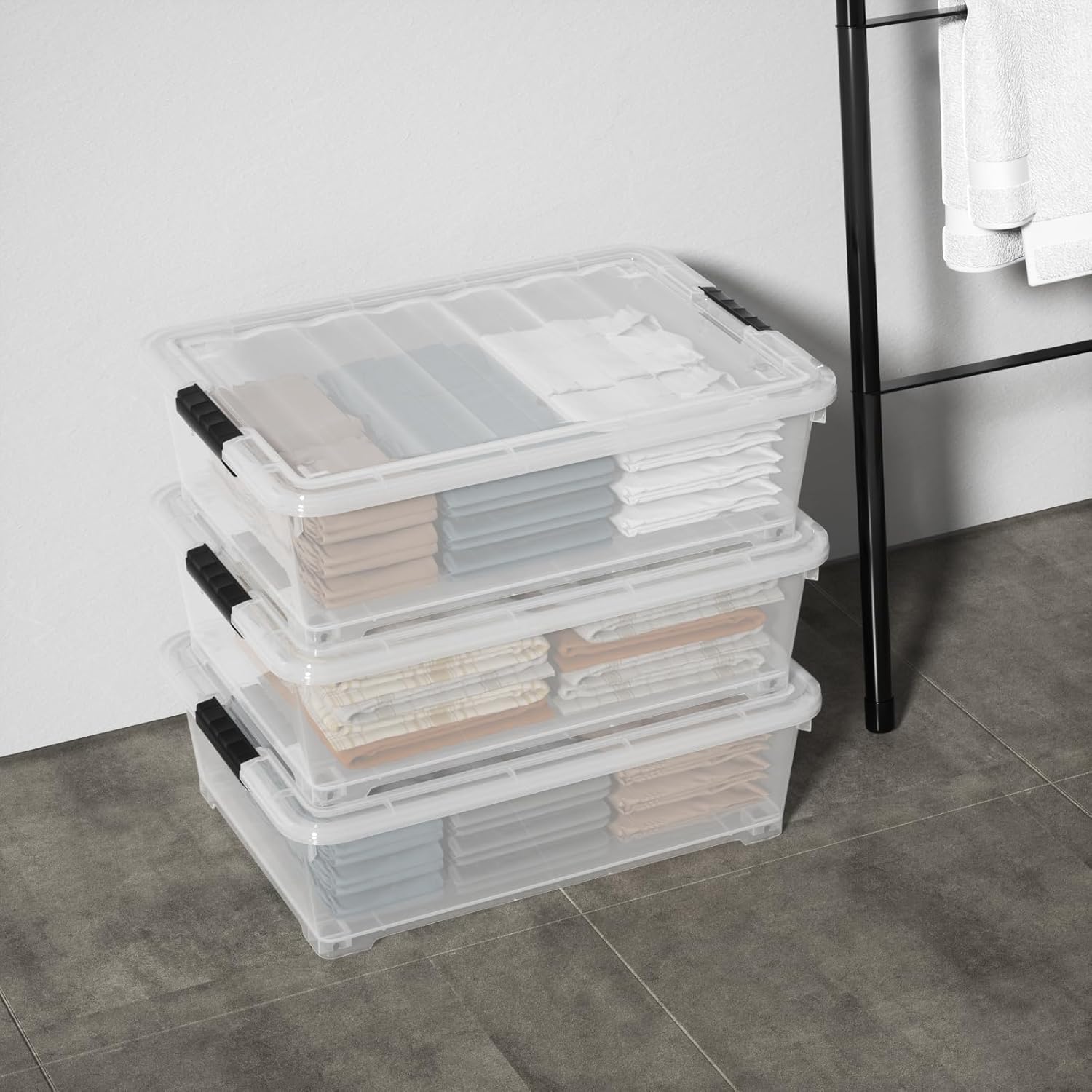 25 Quart Clear Underbed Storage Bins with Wheels, Stackable Plastic Latching Bin with Lid, 4 Packs