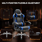 Sweetcrispy Video Game Desk Chair - Ergonomic Computer with Footrest and Comfy Lumbar Support, PU Leather Recliner with Headrest, Fixed Up Armrest, Height Adjustable with 360° Swivel, for Adults, Blue