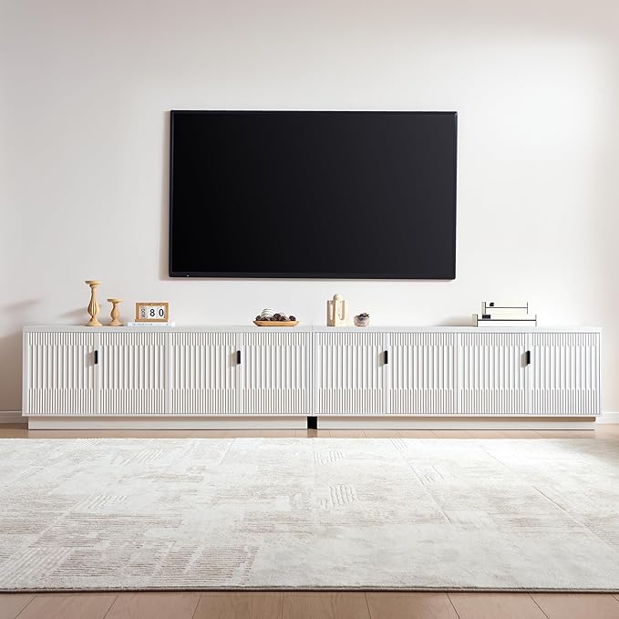 68" TV Stand for 75Inch TV, Entertainment Center with Storage and Adjustable Shelves, Modern Wood Media Console with 4 Fluted Doors for Living Room, White, Set of 2