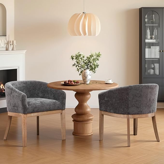 SoarFlash Mid Century Modern Upholstered Barrel Dining Chairs Set of 2, Farmhouse Linen Kitchen and Dining Room Chairs, with Natural Hardwood Frame (Grey)