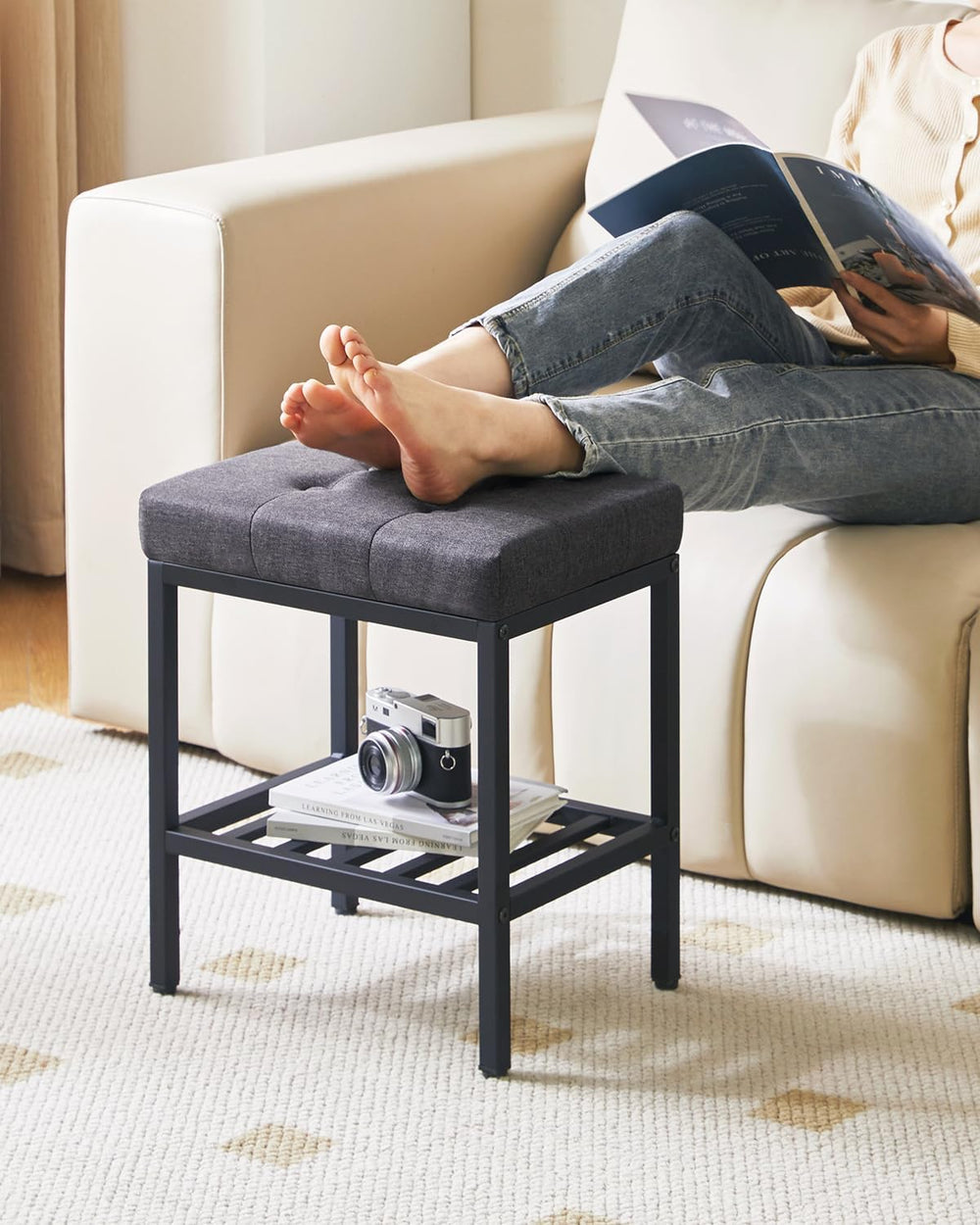 IBUYKE Rectangular Makeup Stool, Linen Seat Vanity Chair, Dark Gray WBD017G |...