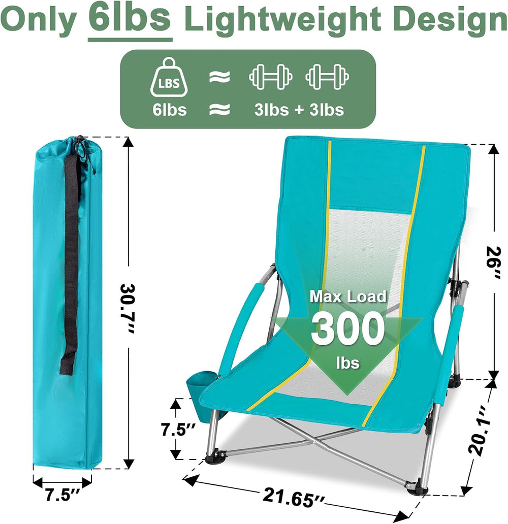 Romswi 2 Pack Lightweight Low Beach Chairs with Breathable Mesh Back,6LBS Fol...