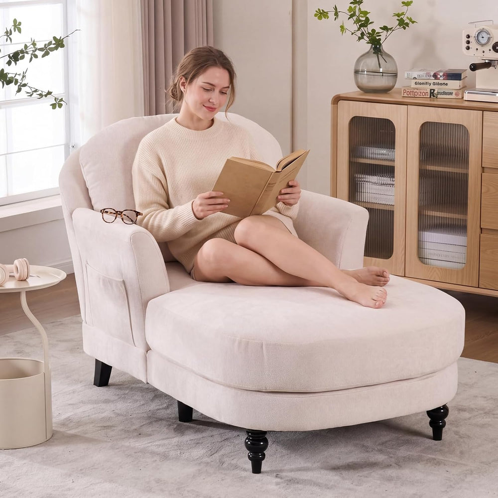 59.8" Chaise Lounge Chair Indoor, Chenille Reading Chairs | Side Pocket,...