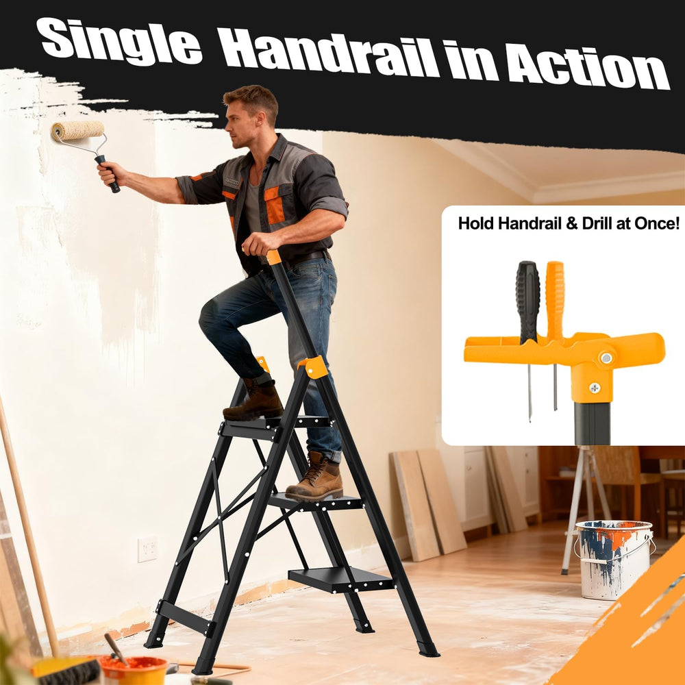 3 Step Ladder with Single-Handrail, Aluminum Step Stool Foldable (Yellow)