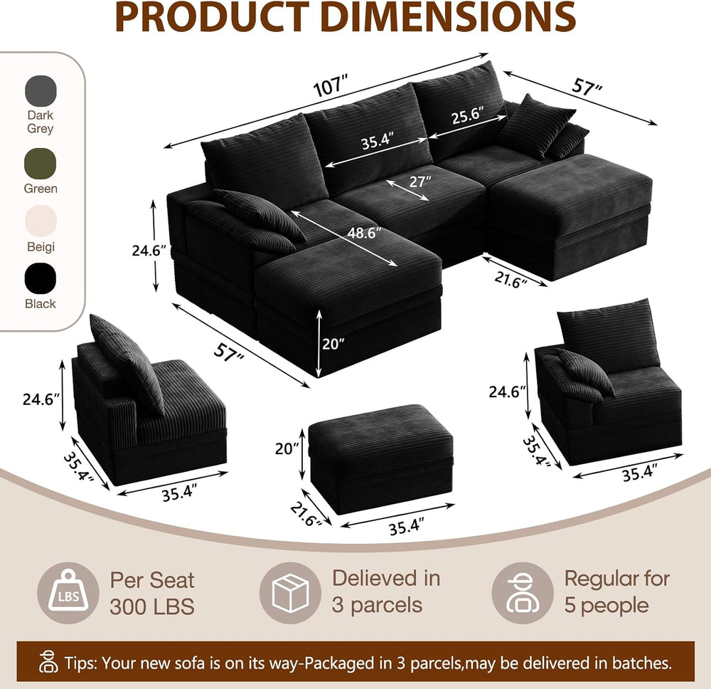 107" Modular Sectional Sofa Couch with Storage,U-Shape 3 Seat Comfy Mode...