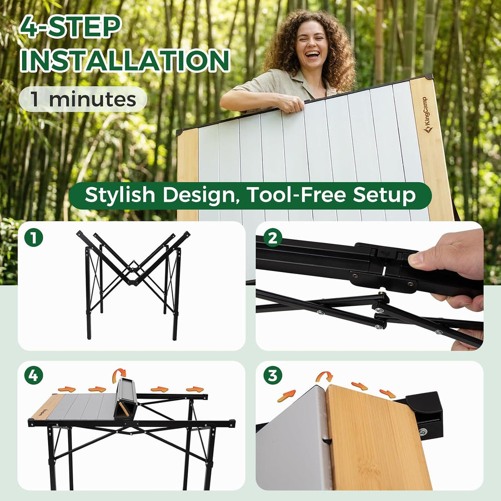 KingCamp 53.5" Bamboo Aluminum Camping Table, 265 LBS Roll-Up Table