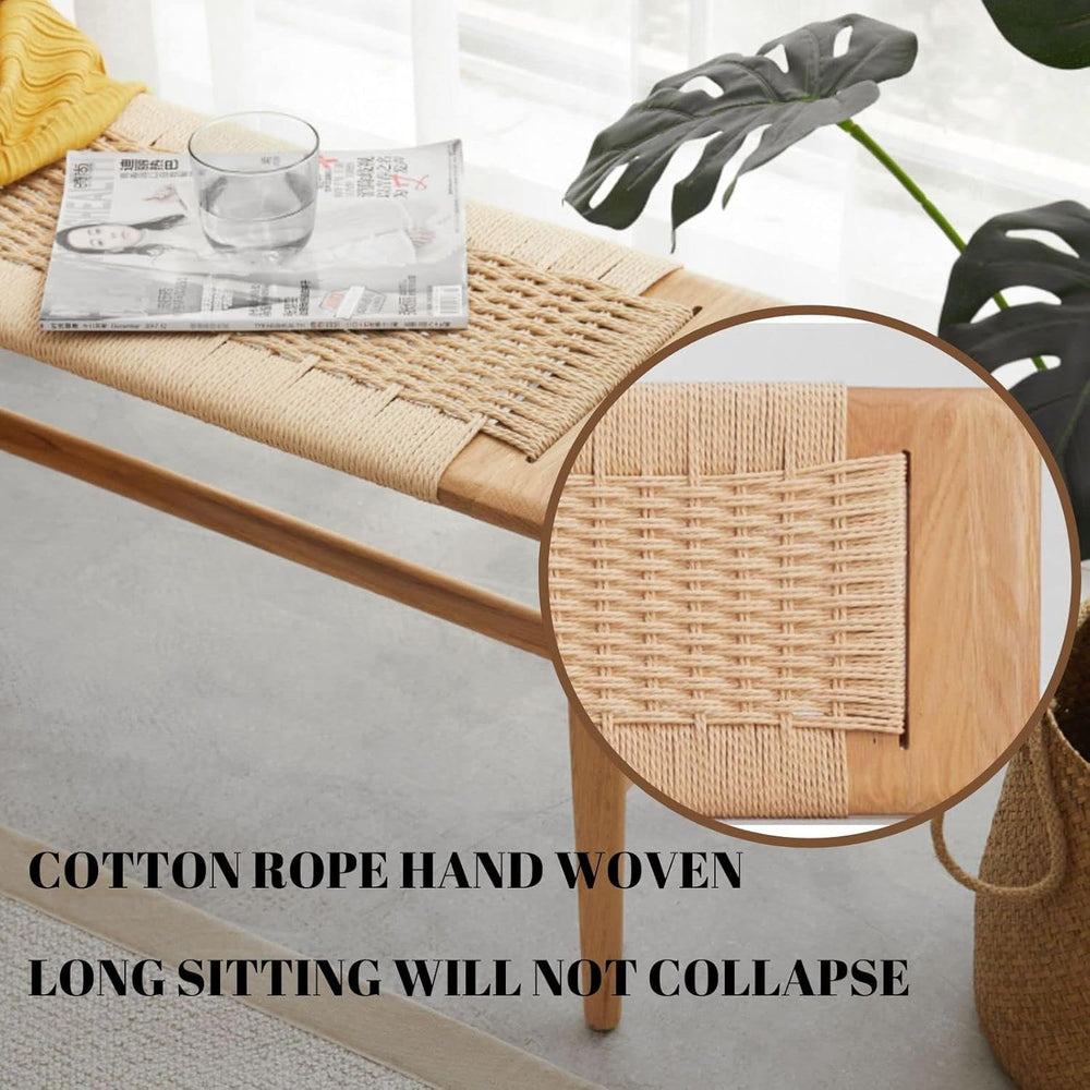 100% Solid Oak Wood Bench,Hand Woven Design,Solid Mortise and Tenon Construct...