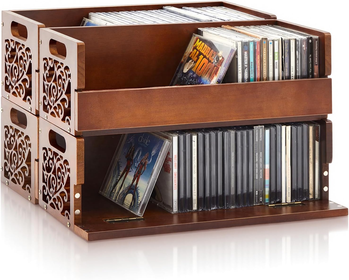 CroBlissful 4 Set Wooden Cd Holder, Stackable Cd Storage Rack with Handles, Magnetic Front-opening Design, Compact Media Organizer for Home Office & Living Room, Each Set Holds up to 36 Cases (Brown)