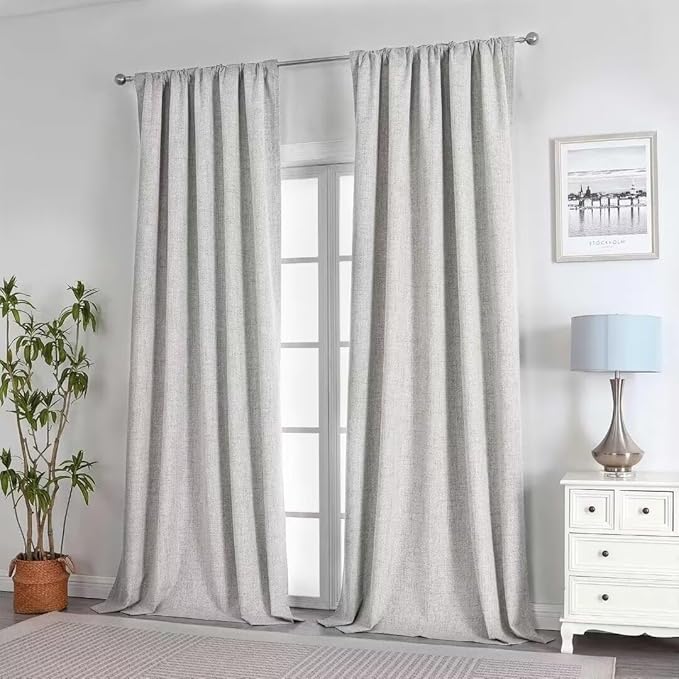 Joydeco Natural Linen Curtains 120 inch Length 2 Panels Set Burg 100% Blackout Patio Door Curtain Room Darkening Sliding Door Curtains Thermal Insulated Back tab Rod Pocket(105x120 inch, White)