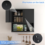 Locking Cabinet, Black Wall Storage Cabinet with Shelves, Hanging Cabinets with Open Storage, Small Wall Cabinet, Lockable Tool Cabinet for Basement, School, Office