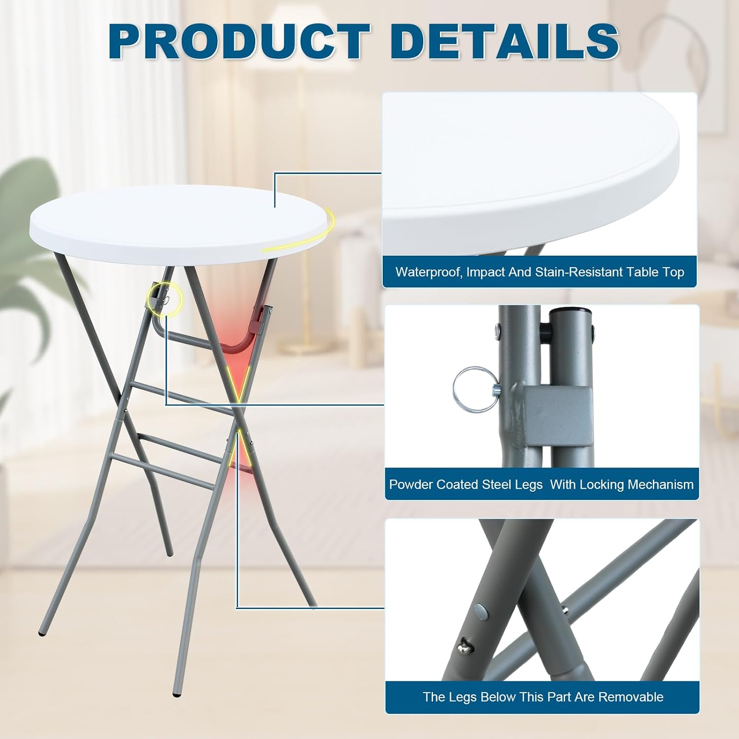 28” Round Folding Bar Table, High Top Cocktail Table with Locking Mechanism, HDPE Waterproof Stain-Resistant Top, Indoor Outdoor Patio Garden Party, White, 1 PCS