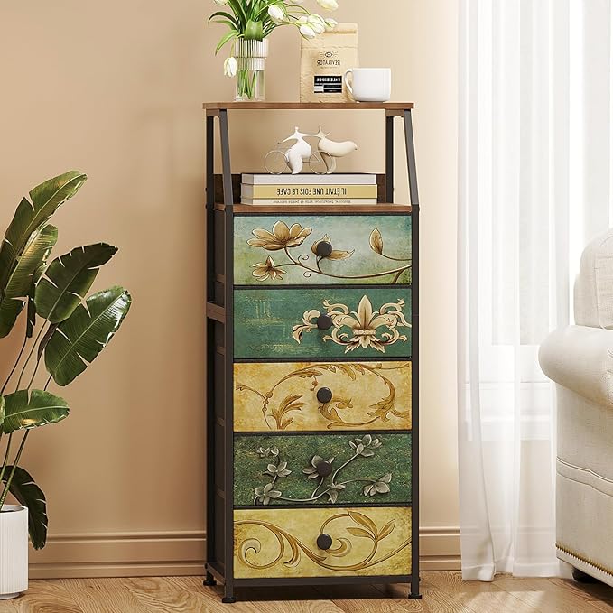 Tohomeor Nightstand with Fabric Drawers Dresser with 2 Tier Shelf Storage Tower for Bedroom Hallway Entryway Closet Organizer Sofa Beside Table Furniture (Multi, 5 Drawers)