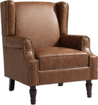 High Back Accent Chair, Faux Leather Wingback Chair Upholstered Armchair for Living Room, Retro Comfy Single Sofa Bedroom Reading Seat with Solid Wood Legs - Brown
