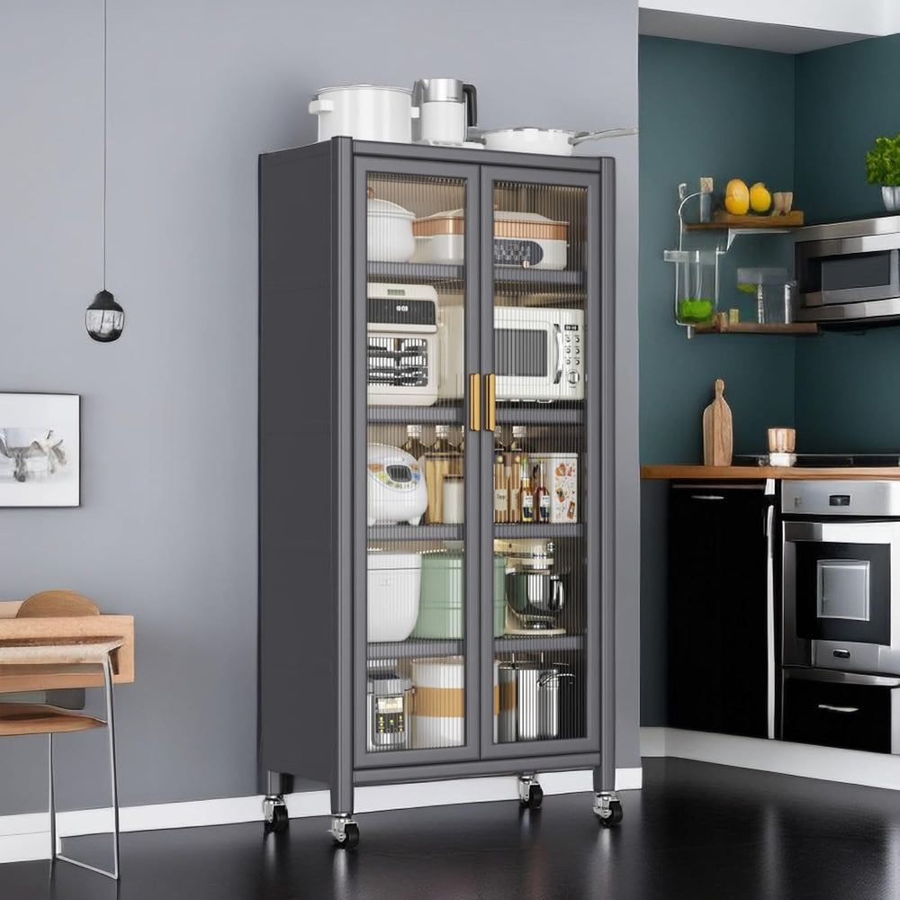 Metal Kitchen Pantry Storage Cabinet on Locking Casters, Double Ribbed Glass ...