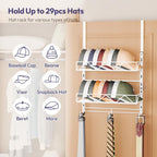 SWTYMIKI Over Door Hat Organizer - 3 Tier Wall Mounted Hat Rack with 2 Adjustable Metal Basket and 3 Hooks, Hanging Baseball Cap Organizer Storage Holds up to 29 Caps for Door, Bedroom, Closet