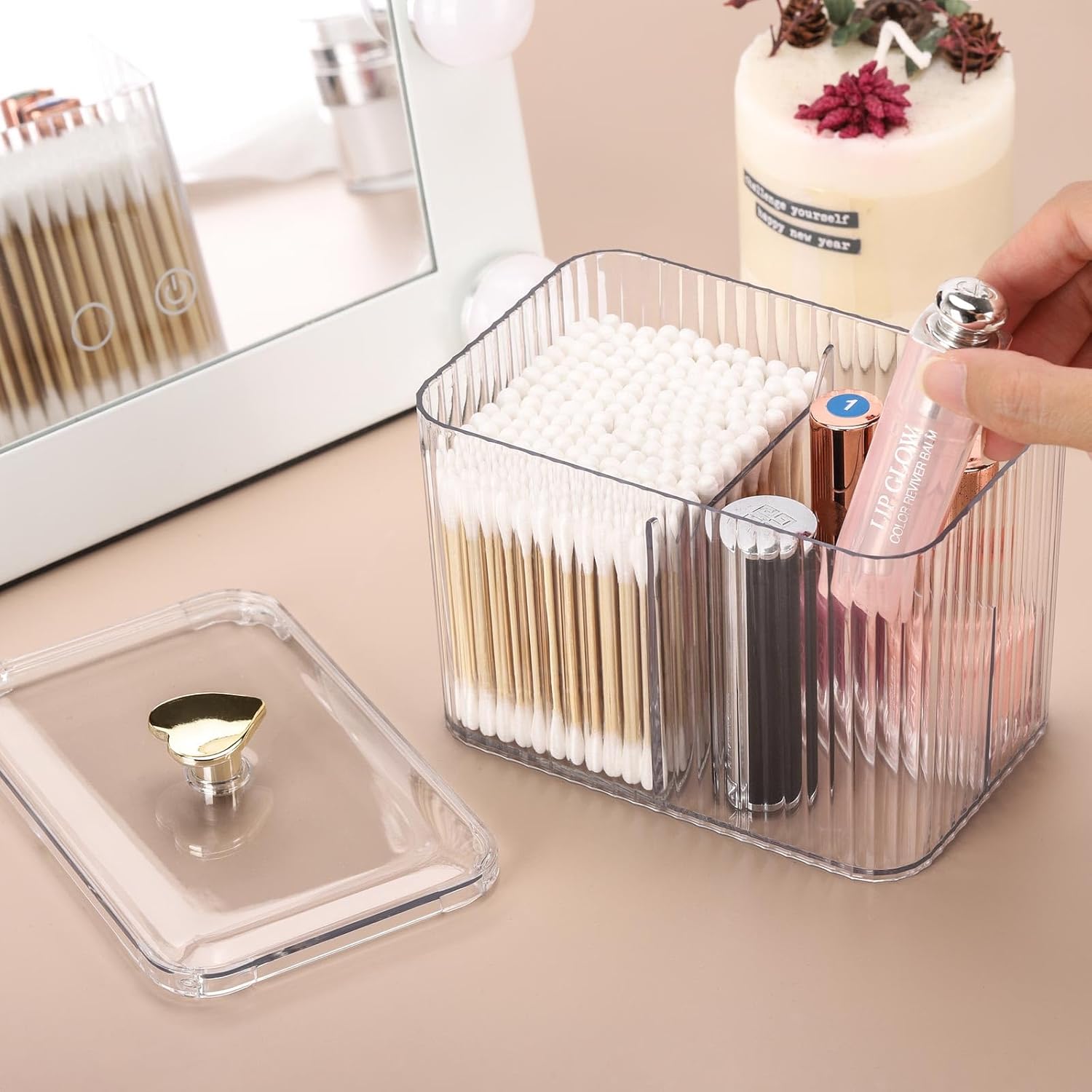 Tbestmax Qtip Holder Dispenser 3-Section Clear Bathroom Organizer Jar 3 Grids Cotton Swab/Pad/Ball Holder Container Cosmetics Storage for Vanity(2 Pack)