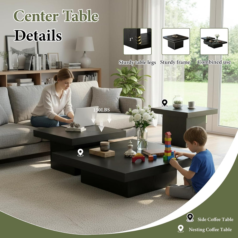 Nesting Coffee Table Set of 2 Modern Minimalist Square Coffee Table and Side ...