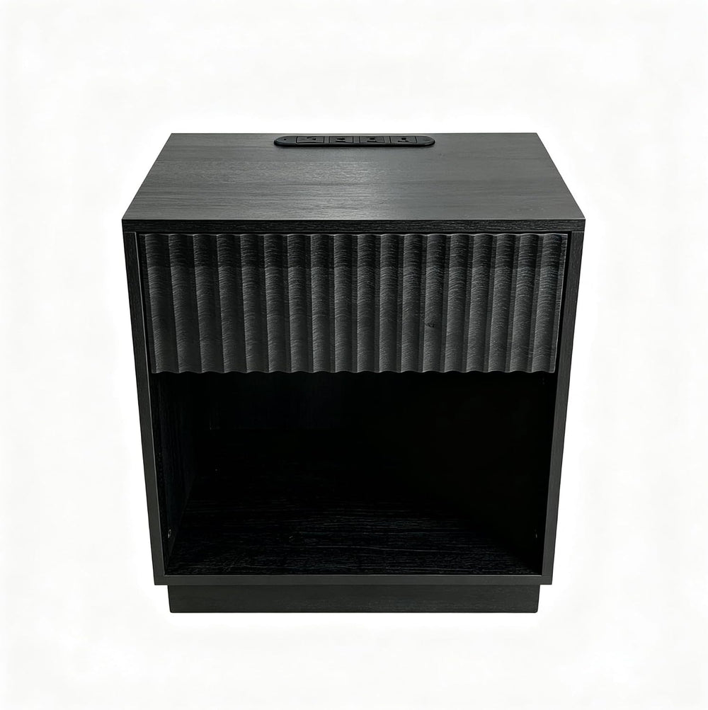 Night Stand with Charging Station, 23 Inch Tall Fluted Modern Bedside Table w...