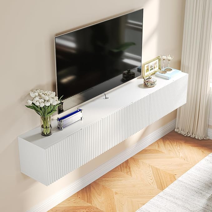 Floating TV Stand with 3 Doors, 55IN Wall Mounted TV Cabinet, Floating Media Console Entertainment Center with Storage, Under TV Shelf for Bedroom Living Room,White